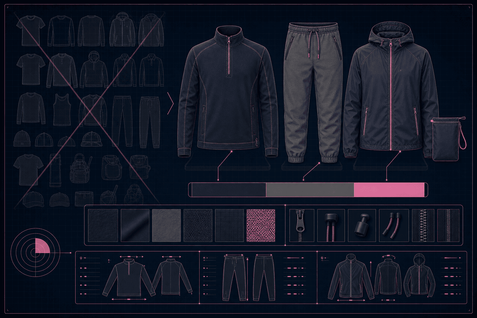 Focused first collection board for a startup clothing brand — three cohesive garments sharing one colour palette, with faded excess styles dimmed in the background