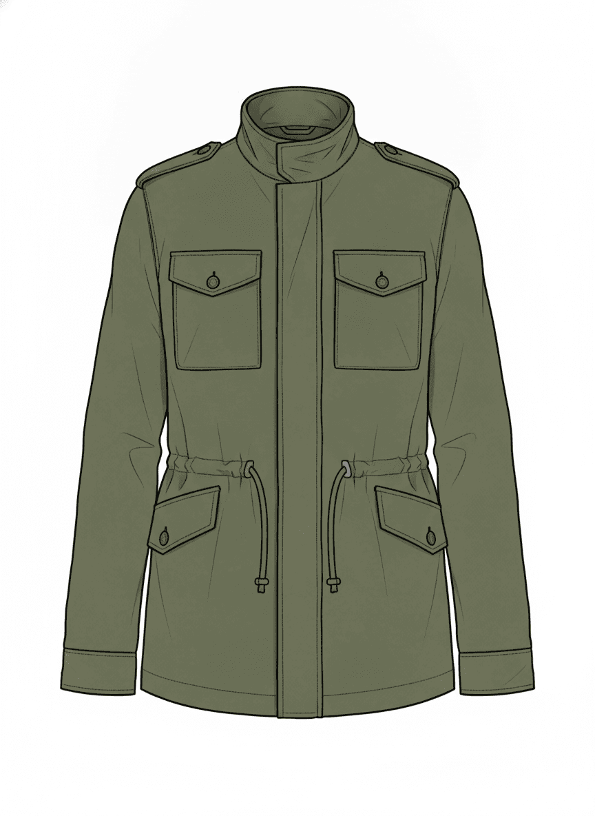 Technical flat of a utility field jacket with flap pockets and storm flap