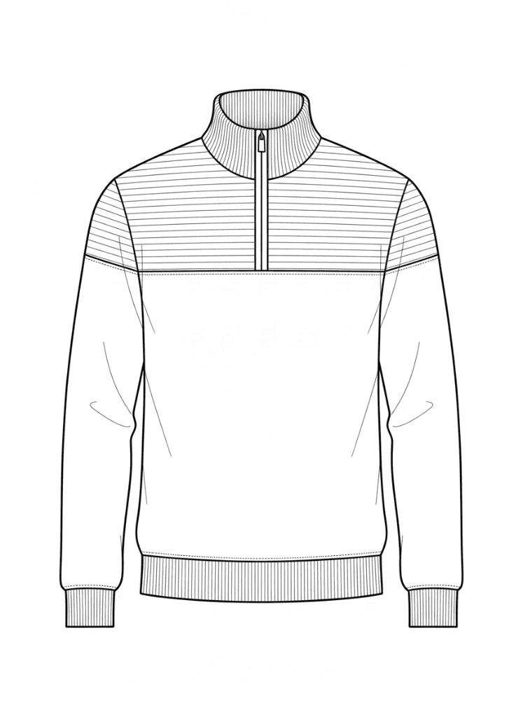 Technical flat of a half-zip pullover generated in clothink, showing front and back views with construction lines and seam placements