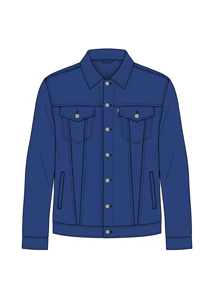 Denim jacket CAD technical flat generated in clothink — structured seams and panel lines before visualisation