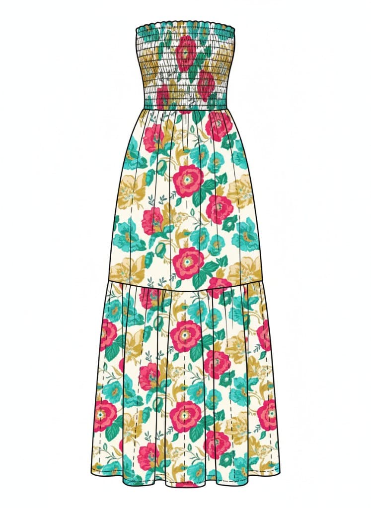 Bohemian floral maxi dress CAD flat — line art and construction outline