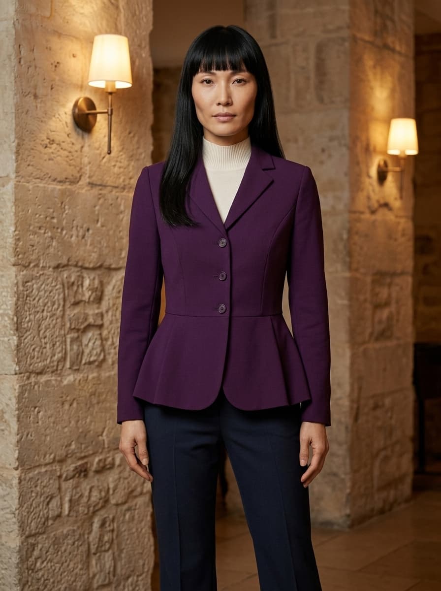 Front on-model photoreal mockup of a purple peplum blazer, cream top and navy trousers styled as one outfit