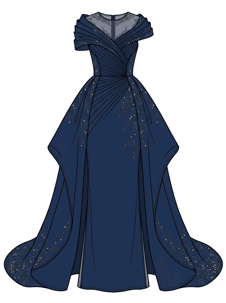 Coloured sketch of a column-silhouette evening gown