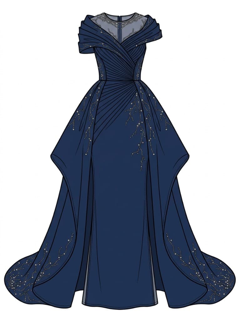 Coloured sketch of a column-silhouette evening gown