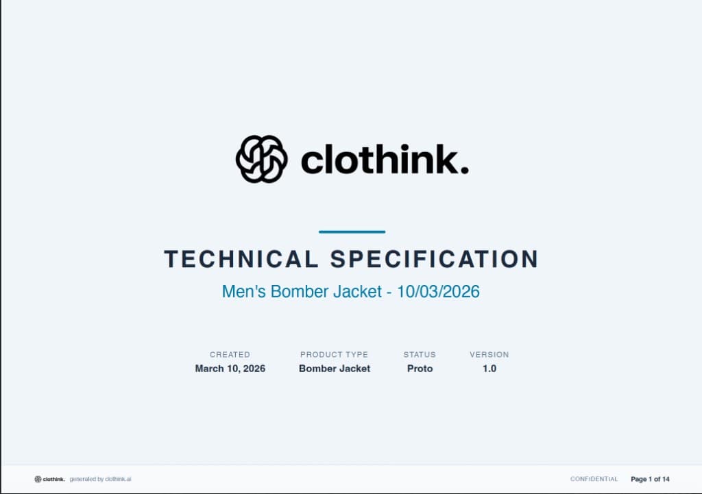 A professional technical specification PDF cover sheet from clothink, outlining garment construction, materials and size specs for factory-ready production