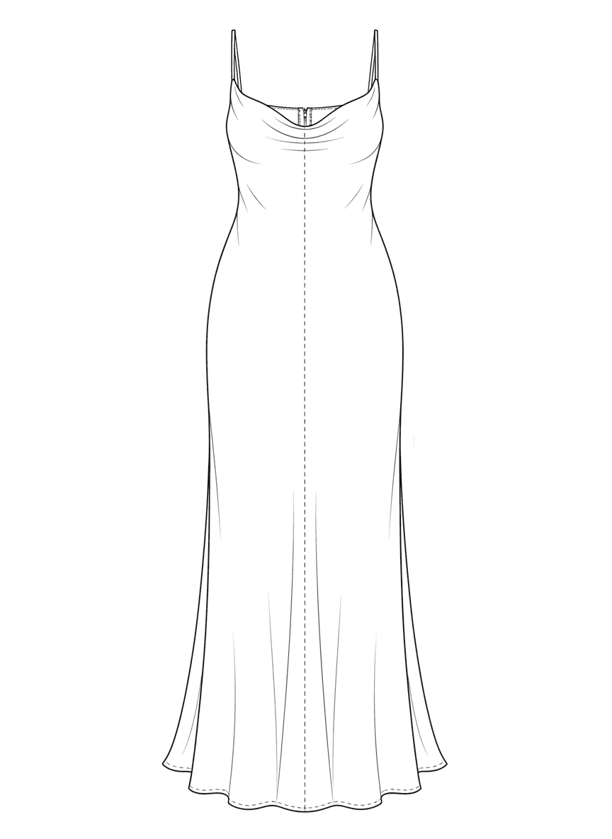 Technical flat sketch of a bias gown